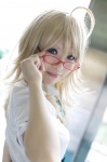 ahoge blonde_hair blouse cosplay glasses hoshii_miki idolmaster nakamura_sherii school_uniform tie rating:Safe score:1 user:nil!
