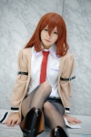 armband black_legwear blouse blue_eyes boots cosplay maitako makise_kurisu pantyhose red_hair shorts steins;gate sweater tie rating:Safe score:2 user:pixymisa