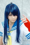 ahoge aoi_mitsuki blue_hair cosplay croptop fingerless_gloves gloves ikkitousen kanu_unchou sailor_uniform school_uniform rating:Safe score:1 user:nil!