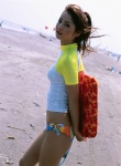 beach bikini bodyboard ocean ponytail sasaki_nozomi side-tie_bikini swimsuit tshirt rating:Safe score:2 user:nil!