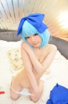bed blue_hair cirno cleavage cosplay hairbow panties shizuku socks topless touhou rating:Questionable score:3 user:nil!