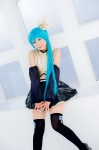 aqua_hair black_legwear cosplay croptop detached_sleeves hairbow hatsune_miku mashiro_yuki pleated_skirt ponytail project_diva skirt thighhighs vocaloid zettai_ryouiki rating:Safe score:0 user:nil!