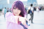 asakura_hina bakemonogatari blouse blue_eyes cosplay purple_hair senjougahara_hitagi tie rating:Safe score:0 user:pixymisa