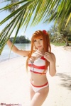 beach bikini cleavage cosplay hair_pods neon_genesis_evangelion ocean red_hair red_solitude_type_two saku soryu_asuka_langley swimsuit twintails rating:Safe score:1 user:nil!