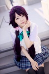 blouse bowtie cosplay green_eyes hair_scrunchies ichinomiya_kanna love_live!_school_idol_project pleated_skirt purple_hair skirt thighhighs tojo_nozomi twintails zettai_ryouiki rating:Safe score:0 user:pixymisa