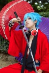 blue_hair cosplay crossplay headphones katana kimono minorua pop'n_music roku sarashi scarf sword umbrella rating:Safe score:0 user:nil!