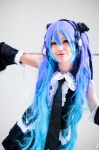 anti_the_infinite_holic_(vocaloid) blue_hair cosplay detached_sleeves dress hair_ribbons hatsune_miku headset kirimu tiered_skirt twintails vocaloid rating:Safe score:0 user:pixymisa