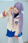 clannad cosplay fujibayashi_kyou hair_ribbons pleated_skirt purple_hair sailor_uniform saya school_uniform skirt thighhighs rating:Safe score:0 user:nil!