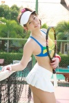 bikini_top cleavage pleated_skirt ponytail sayama_ayaka skirt swimsuit tennis_racket visor rating:Safe score:0 user:nil!