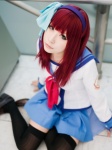 angel_beats! ayano_yuura cosplay hairband nakamura_yuri pleated_skirt red_hair sailor_uniform school_uniform skirt thighhighs zettai_ryouiki rating:Safe score:12 user:xkaras