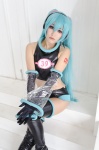 aira aqua_hair boots cosplay croptop detached_sleeves elbow_gloves gloves hatsune_miku headset project_diva shorts thigh_boots thighhighs twintails vocaloid rating:Safe score:1 user:xkaras
