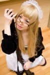 apron blonde_hair cosplay glasses looking_over_glasses maid maid_uniform original ririko shotgun thighhighs rating:Safe score:0 user:nil!
