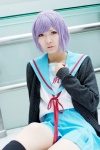 cardigan cosplay kneesocks mau nagato_yuki pleated_skirt purple_hair school_uniform skirt suzumiya_haruhi_no_yuuutsu rating:Safe score:0 user:pixymisa