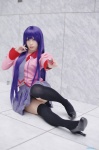 bakemonogatari blouse cosplay pleated_skirt purple_hair school_uniform senjougahara_hitagi skirt thighhighs yukimi_kanon zettai_ryouiki rating:Safe score:3 user:nil!