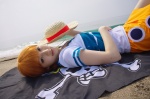 beach cosplay flag kuuya miniskirt nami_(one_piece) ocean one_piece orange_hair skirt straw_hat tshirt rating:Safe score:0 user:nil!