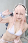 bikini cleavage cosplay headphones momokawa_hina nitro_super_sonic pink_hair side-tie_bikini super_soniko swimsuit rating:Safe score:1 user:nil!
