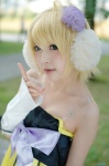 ahoge blonde_hair colorful_x_melody_(vocaloid) cosplay detached_sleeves dress ear_muffs kagamine_rin pepeko project_diva vocaloid rating:Safe score:0 user:nil!
