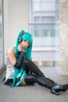 aqua_hair blouse cosplay detached_sleeves hatsune_miku headset pleated_skirt rinami skirt thighhighs tie twintails vocaloid zettai_ryouiki rating:Safe score:6 user:nil!