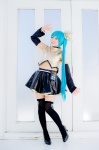 aqua_hair black_legwear cosplay croptop detached_sleeves hairbow hatsune_miku mashiro_yuki pleated_skirt ponytail project_diva skirt thighhighs vocaloid zettai_ryouiki rating:Safe score:0 user:nil!