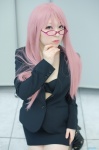 blazer bra cleavage cosplay glasses looking_over_glasses megurine_luka miniskirt natsume_maino pantyhose pink_hair skirt thighhighs vocaloid rating:Safe score:0 user:nil!