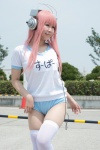 cosplay gym_uniform headphones mizuhashi_uri nitro_super_sonic pantyhose pink_hair shorts sign super_soniko thighhighs tshirt rating:Safe score:0 user:pixymisa