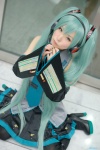 aqua_hair blouse cosplay detached_sleeves hatsune_miku headset maitako pleated_skirt skirt thighhighs tie twintails vocaloid rating:Safe score:0 user:pixymisa