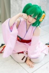 cosplay detached_sleeves flower green_hair kimono macross macross_frontier miiko obi ranka_lee red_eyes thighhighs twintails rating:Safe score:1 user:pixymisa