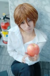 apple blonde_hair book cosplay crossplay death_note kabo shirt trousers yagami_light rating:Safe score:0 user:pixymisa