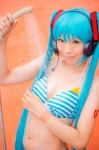 aqua_hair bikini_top cleavage cosplay hatsune_miku headset mashiro_yuki project_diva swimsuit twintails vocaloid wet rating:Safe score:0 user:nil!