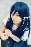 asakura_irori baka_to_test_to_shoukanjuu blue_hair cosplay hair_ribbons kirishima_shouko pleated_skirt sailor_uniform school_uniform skirt thighhighs zettai_ryouiki rating:Safe score:0 user:nil!