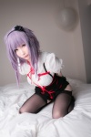 atsuki bed black_legwear blouse bound cosplay dagashi_biyori dagashi_kashi hairband panties pantyhose purple_hair shibari shidare_hotaru skirt suspenders rating:Safe score:0 user:nil!