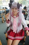 cosplay hairbows hiiragi_kagami lucky_star miniskirt pleated_skirt purple_hair sailor_uniform saya school_uniform skirt twintails rating:Safe score:1 user:nil!