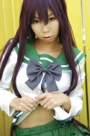 ashiya_noriko busujima_saeko busujima_saeko_no_eroi_toko cosplay highschool_of_the_dead pleated_skirt purple_hair sailor_uniform school_uniform shirt_lift skirt rating:Safe score:1 user:nil!
