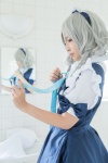 apron bathroom birth_(ii) blouse cosplay hairband izayoi_sakuya jumper maid maid_uniform mirror na-san silver_hair touhou twin_braids rating:Safe score:0 user:nil!