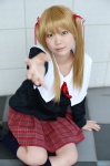 blonde_hair boots cosplay gakuen_alice kneesocks meru_(97148) miniskirt plaid pleated_skirt sailor_uniform sakura_mikan school_uniform skirt twintails rating:Safe score:1 user:nil!