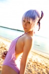 ayane_(doa) beach cosplay dead_or_alive headband ocean one-piece_swimsuit purple_hair swimsuit tachibana_minami rating:Safe score:0 user:nil!