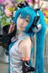 aqua_hair blouse chipon cosplay detached_sleeves hatsune_miku headset tie twintails vocaloid rating:Safe score:0 user:nil!