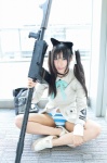 ame animal_ears bikini_bottom blouse cat_ears collar cosplay francesca_lucchini hair_ribbons machine_gun overcoat strike_witches swimsuit twintails rating:Safe score:2 user:pixymisa