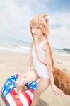 animal_ears beach cosplay horo inner_tube ocean one-piece_swimsuit orange_hair rococo spice_and_wolf swimsuit tail whistle_around_the_world wolf_ears rating:Safe score:3 user:nil!