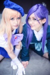 beret blouse bowtie business_suit cosplay elbow_gloves glasses gloves grace_o'connor hair_clip looking_over_glasses macross macross_frontier multi-colored_hair pleated_skirt purple_hair raharu rika sash sheryl_nome skirt thighhighs vest rating:Safe score:1 user:pixymisa