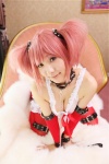 babydoll bed cleavage collar cosplay garter_belt hanamura_misaki kaname_madoka leash pink_hair puella_magi_madoka_magica thighhighs twintails rating:Safe score:0 user:nil!