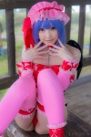 blue_hair bonnet bow corset cosplay detached_sleeves garter_straps lenfried monokini one-piece_swimsuit remilia_scarlet sling_bikini swimsuit thighhighs touhou wings rating:Safe score:1 user:nil!