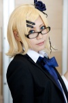 blazer blonde_hair blouse cosplay glare_(vocaloid) glasses hair_clips kagamine_rin looking_over_glasses tie vocaloid yapa rating:Safe score:0 user:pixymisa
