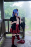 blouse blue_hair bonnet bow cleavage cosplay croptop lenfried miniskirt open_clothes remilia_scarlet skirt thighhighs touhou wings zettai_ryouiki rating:Safe score:1 user:nil!