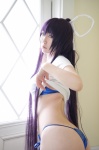 bikini cosplay croptop ikkitousen kanu_unchou kibashi ponytail purple_hair shirt_lift side-tie_bikini swimsuit tshirt rating:Safe score:4 user:nil!