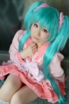 aqua_hair cosplay dress hatsune_miku kneehighs pantyhose saori twintails vocaloid rating:Safe score:1 user:nil!