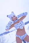 bikini cat_hood cleavage cosplay fingerless_gloves leggings multi-colored_hair non original snow_leopard swimsuit tail rating:Safe score:1 user:nil!