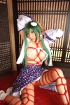 blouse bound cleavage cosplay detached_sleeves green_hair hanamura_misaki kochiya_sanae miko open_clothes rope skirt socks touhou touhou_kinbauchou rating:Questionable score:0 user:nil!