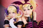 ao_kaori blonde_hair cosplay crossplay detached_sleeves dress elbow_gloves gloves hairband halter_top head_wings kagamine_len kagamine_rin nakoto pitchfork pretty_panties_akuma_rin_(vocaloid) shorts striped thighhighs vocaloid rating:Safe score:1 user:nil!