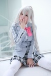 blazer blouse bowtie cosplay green_eyes haiyore!_nyaruko-san maitako nyaruko pleated_skirt skirt thighhighs white_hair rating:Safe score:1 user:pixymisa